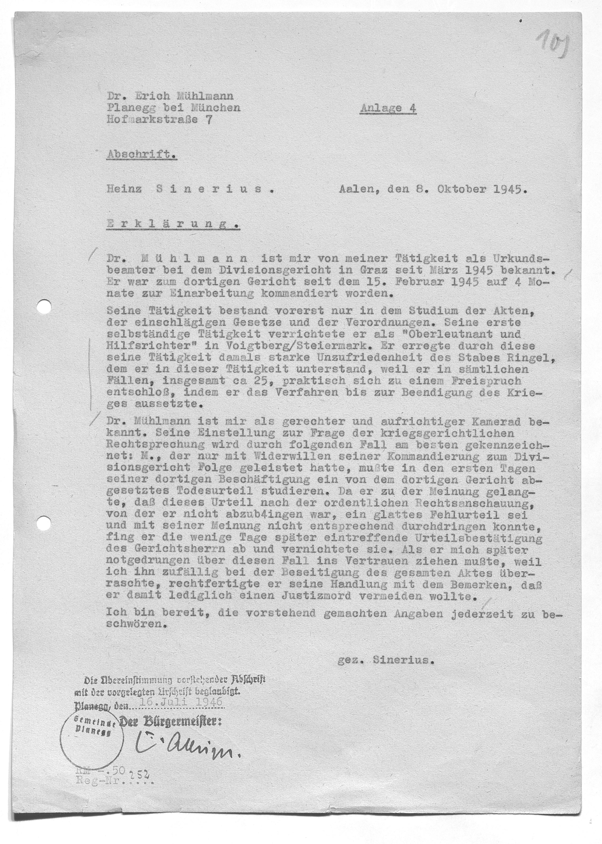 08.Oktober 1945 Eidesstattliche Erklärung Heinz Sinerius, Urkundsbeamter, Aalen. Das Divisionsgericht war ein militärisches Standgericht.